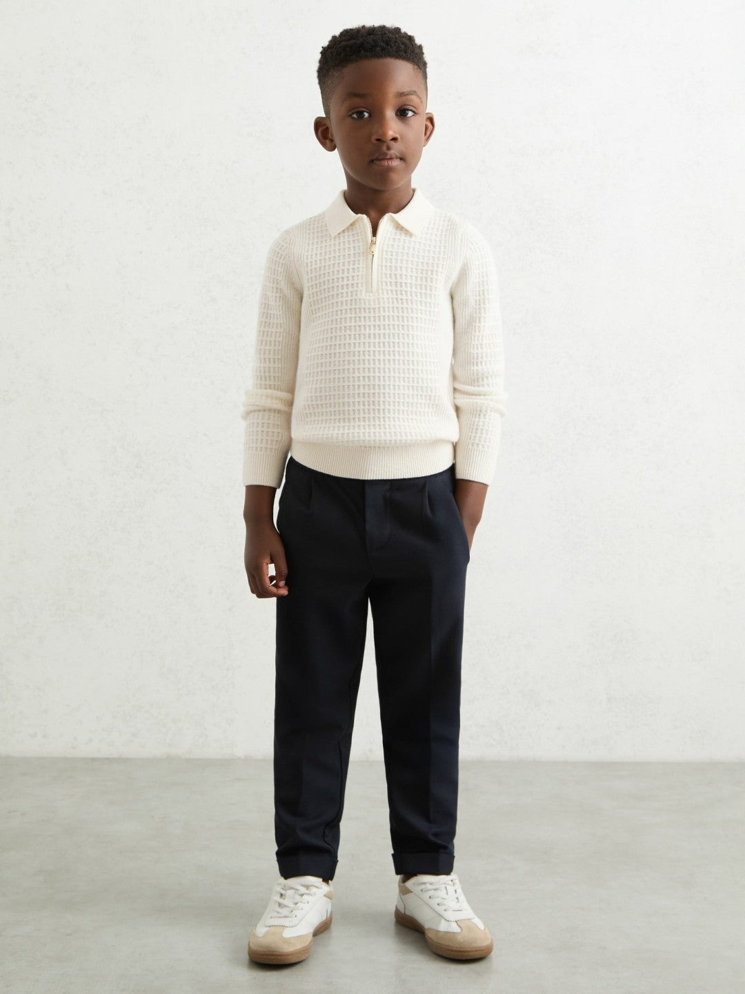 9-13 yrs Wool Waffle-Knit Half-Zip Polo Shirt in Off White | Reiss USA