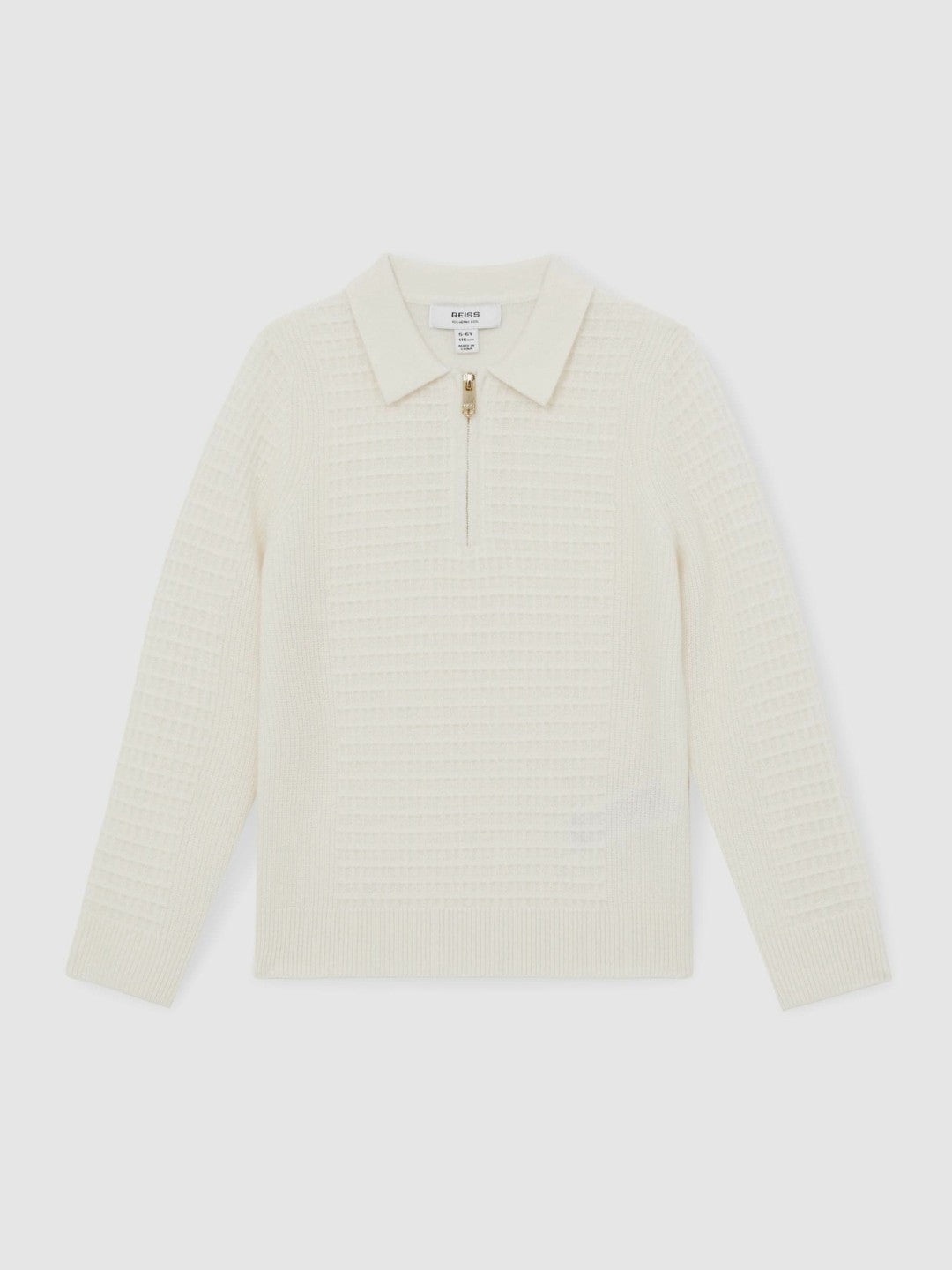 9-13 yrs Wool Waffle-Knit Half-Zip Polo Shirt in Off White | Reiss USA