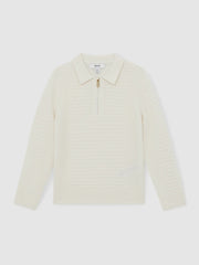 9-13 yrs Wool Waffle-Knit Half-Zip Polo Shirt in Off White | Reiss USA