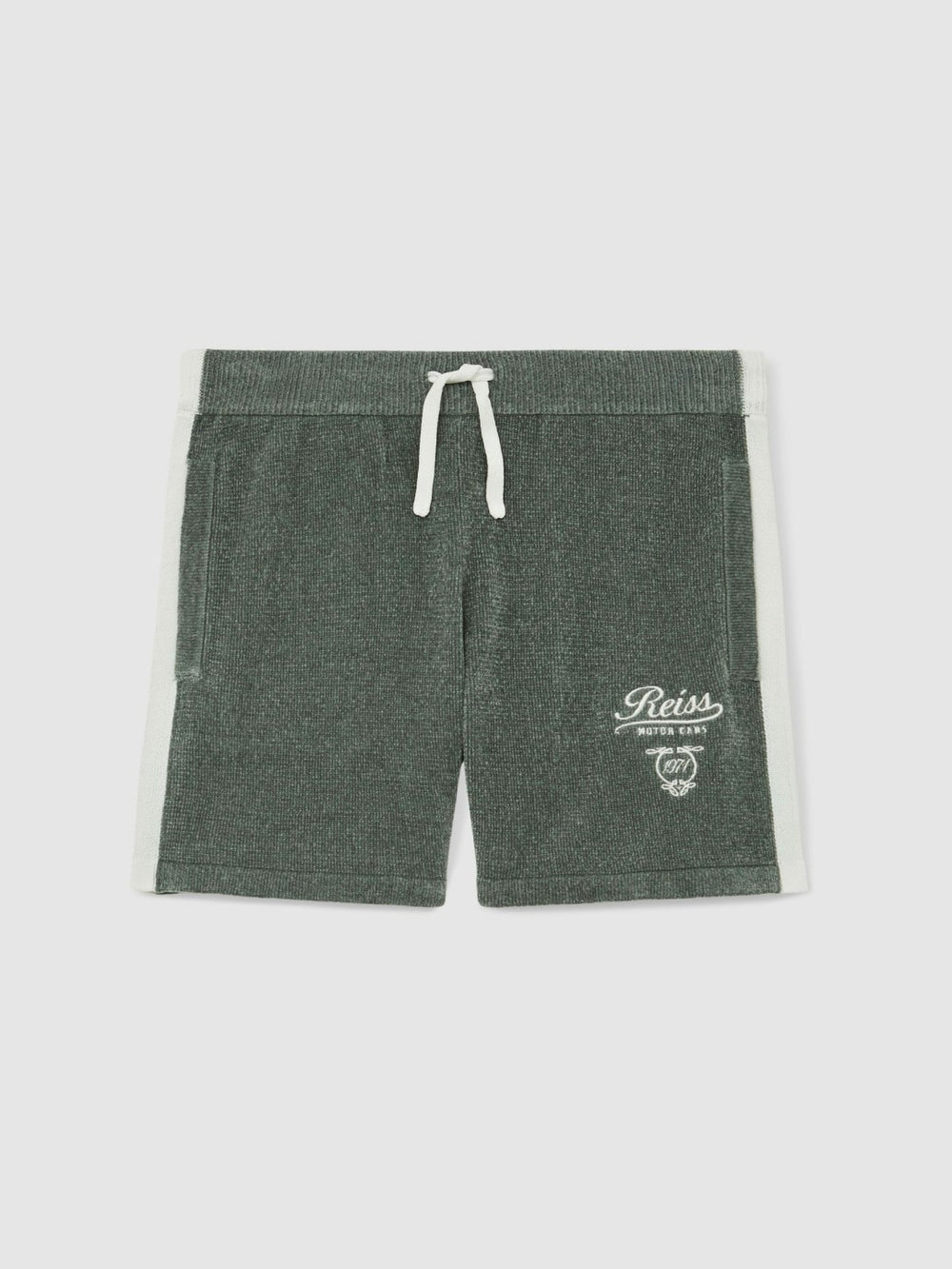 3-9 yrs Chenille Tipped Motor Cars Shorts in Dark Sage Green/White | Reiss Onsale