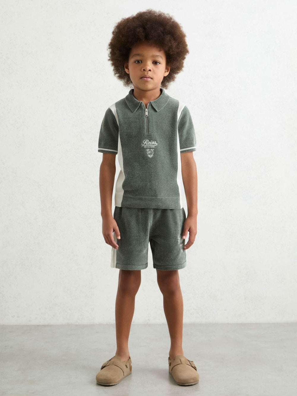9-13 yrs Chenille Tipped Motor Cars Shorts in Dark Sage Green/White | Reiss