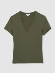 Stretch Cotton V-Neck T-Shirt in Khaki Green | Reiss Sale