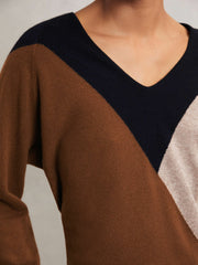 Wool-Blend Colourblock Knit Jumper with Cashmere in Toffee Brown/Navy/Neutral | Reiss Onsale