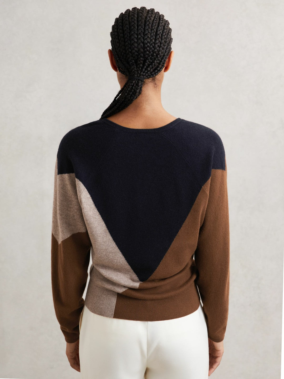 Wool-Blend Colourblock Knit Jumper with Cashmere in Toffee Brown/Navy/Neutral | Reiss Onsale