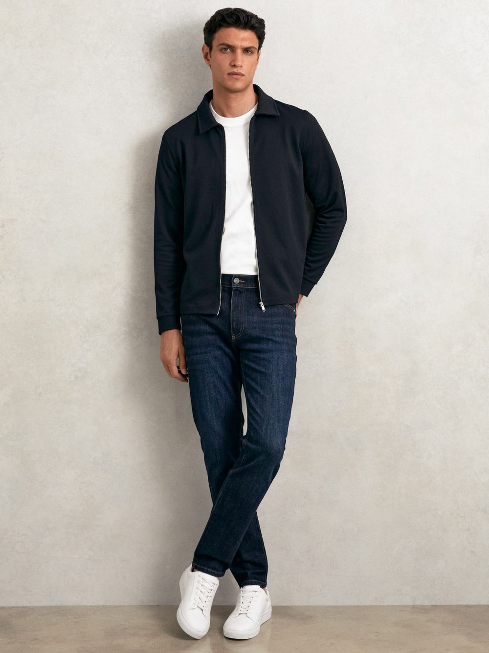 Textured Zip Through Overshirt in Navy | Reiss Near Me