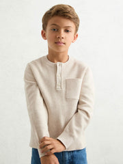 9-13 yrs Cotton-Blend Rib-Knit Henley Top in Oatmeal Melange | Reiss Near Me