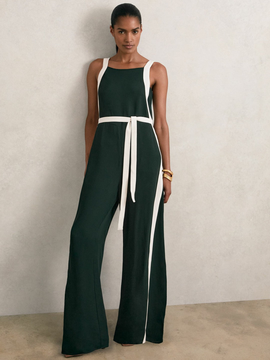 Petite Colourblock Wide Leg Belted Jumpsuit in Dark Green/Cream | Reiss Sale