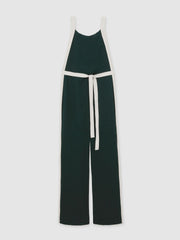 Petite Colourblock Wide Leg Belted Jumpsuit in Dark Green/Cream | Reiss Sale