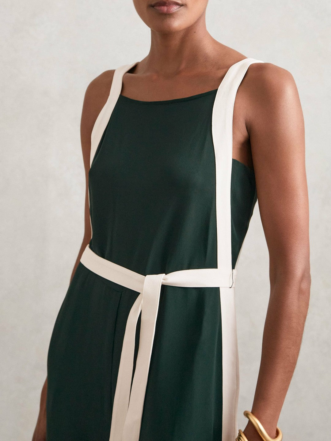 Petite Colourblock Wide Leg Belted Jumpsuit in Dark Green/Cream | Reiss Sale