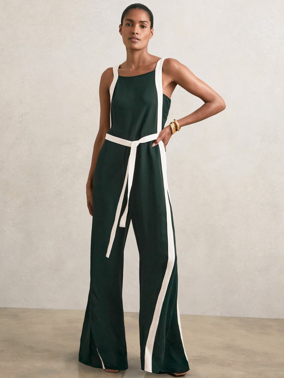 Petite Colourblock Wide Leg Belted Jumpsuit in Dark Green/Cream | Reiss Sale