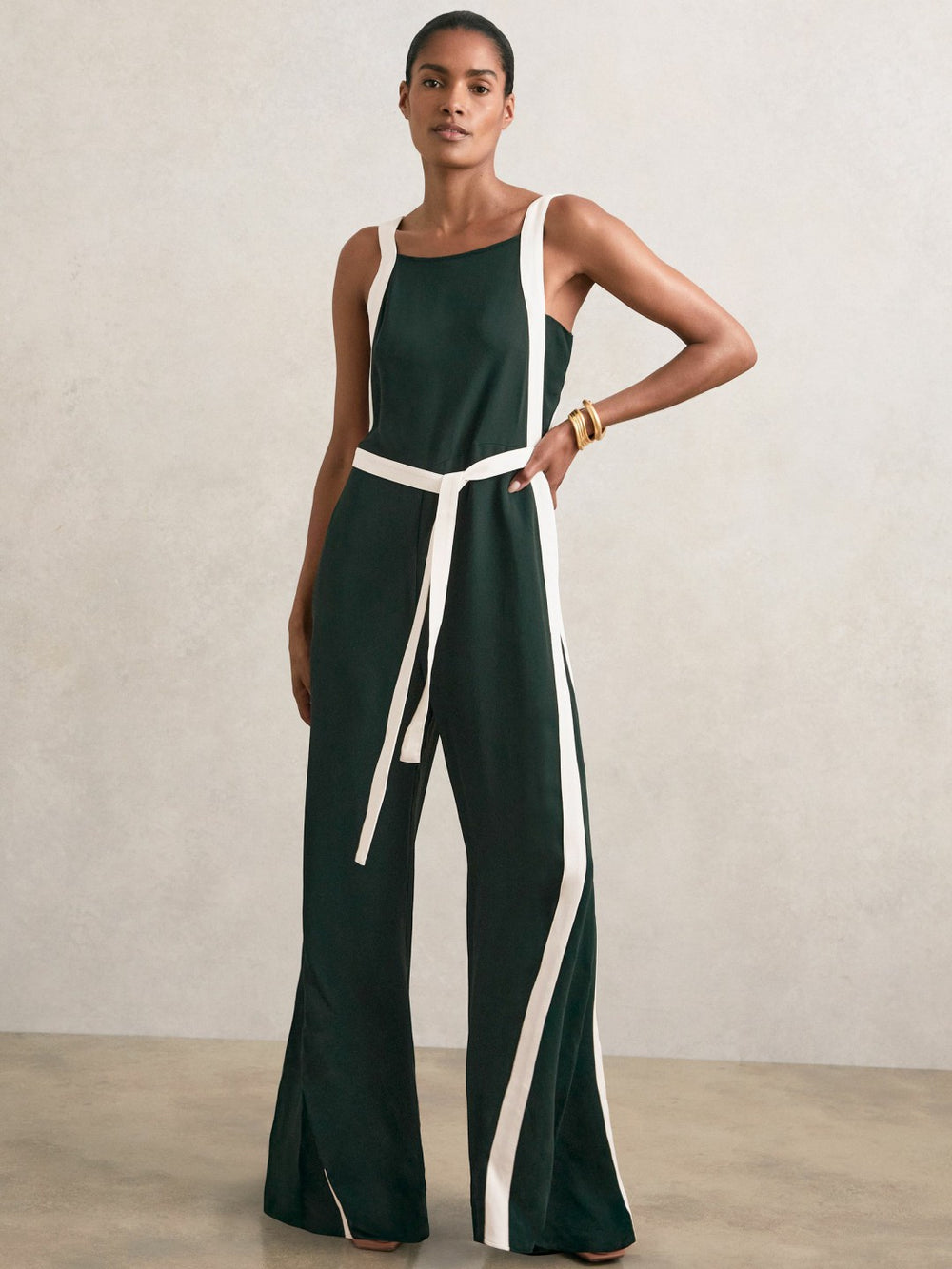 Petite Colourblock Wide Leg Belted Jumpsuit in Dark Green/Cream | Reiss Sale