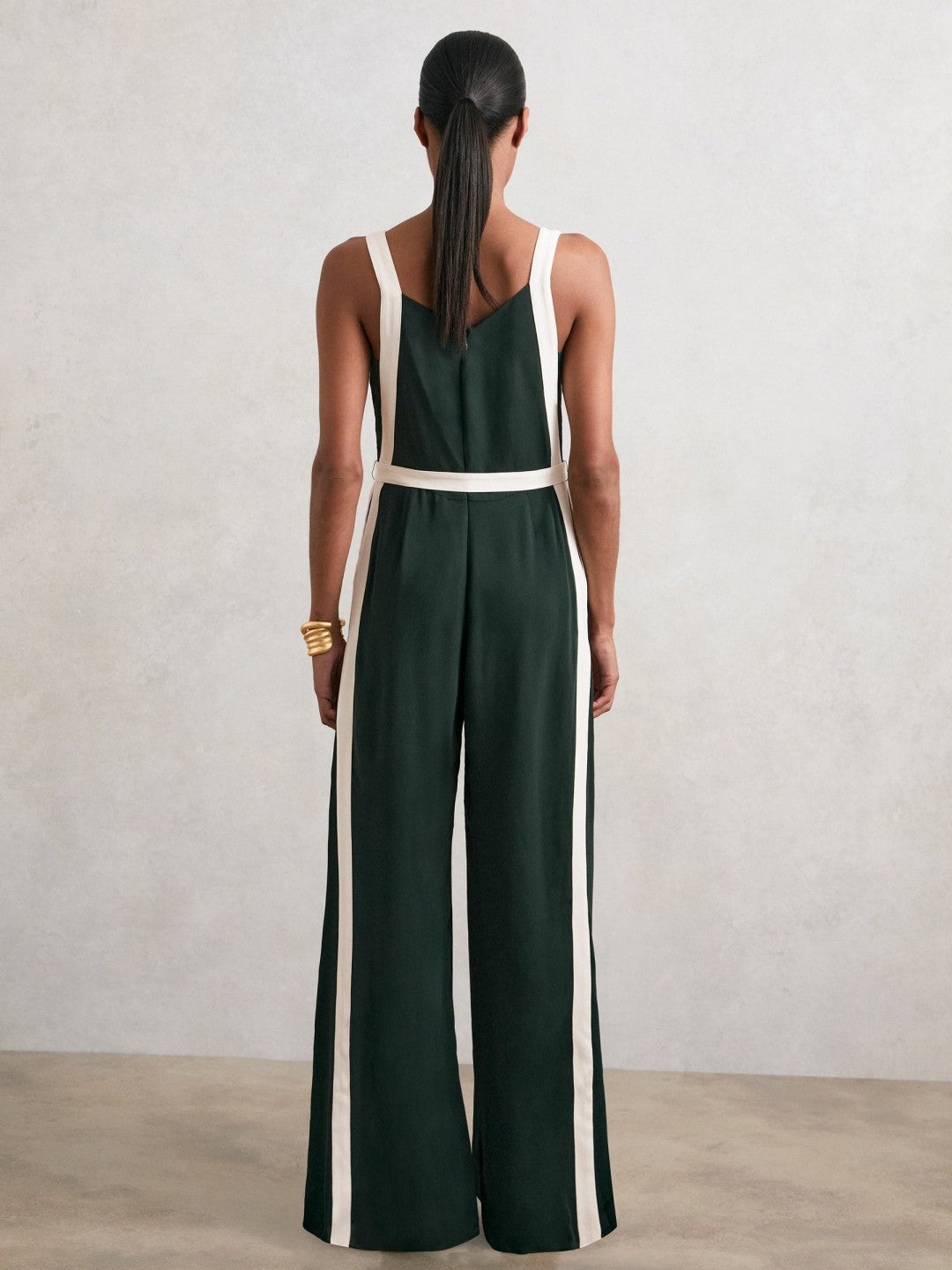 Petite Colourblock Wide Leg Belted Jumpsuit in Dark Green/Cream | Reiss Sale