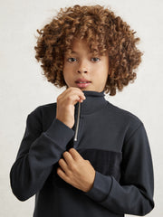 9-13 yrs Slim Fit Half-Zip Funnel Neck Velour Sweatshirt in Navy Blue | Reiss Discount