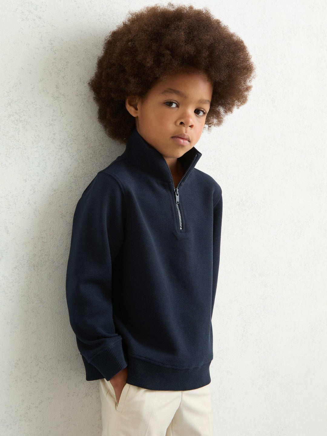 3-9 yrs Textured Half-Zip Sweatshirt with Cotton in Navy | Reiss
