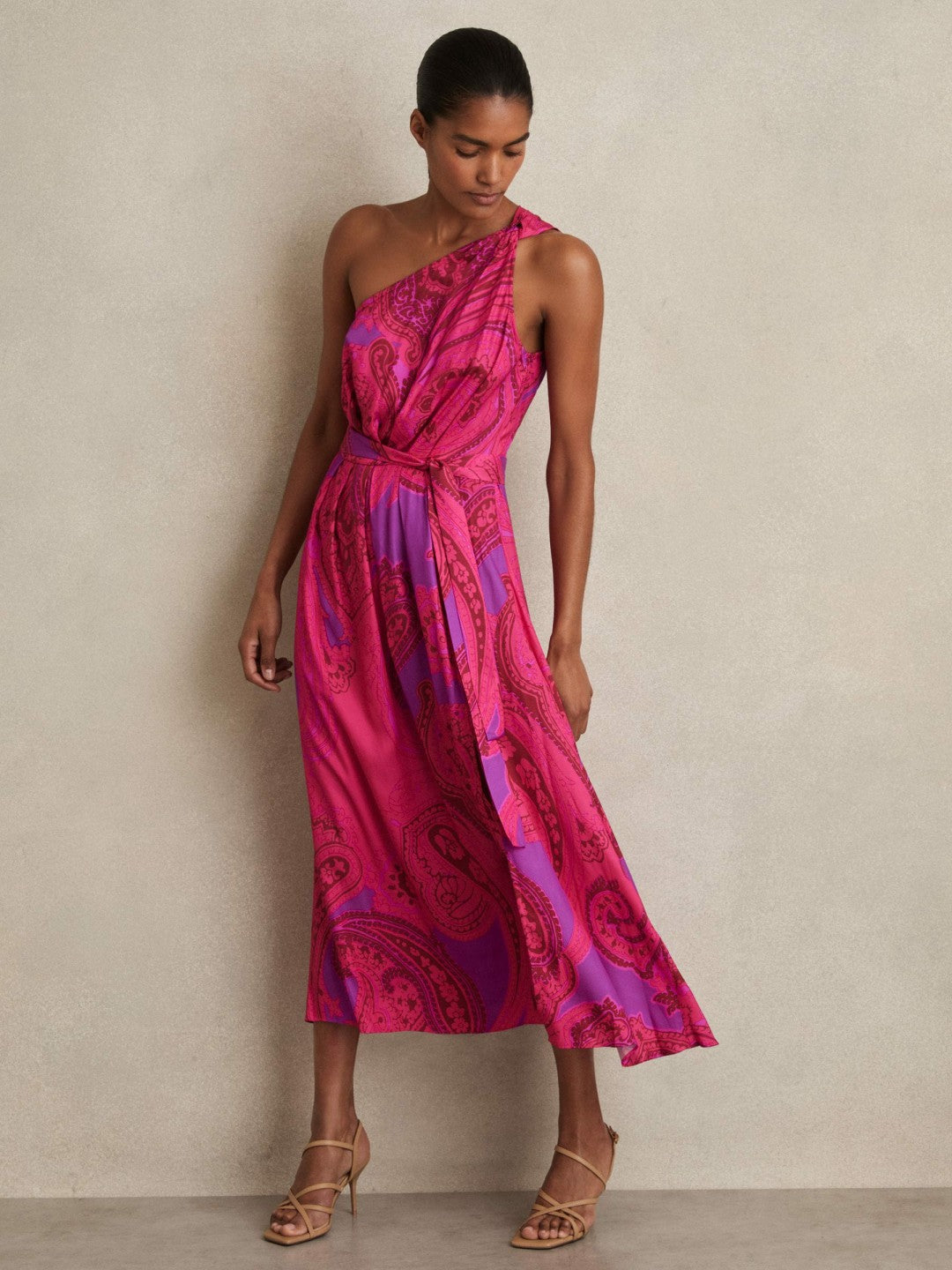 Paisley-Print One-Shoulder Midi Dress in Pink | Reiss USA