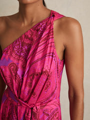 Paisley-Print One-Shoulder Midi Dress in Pink | Reiss USA