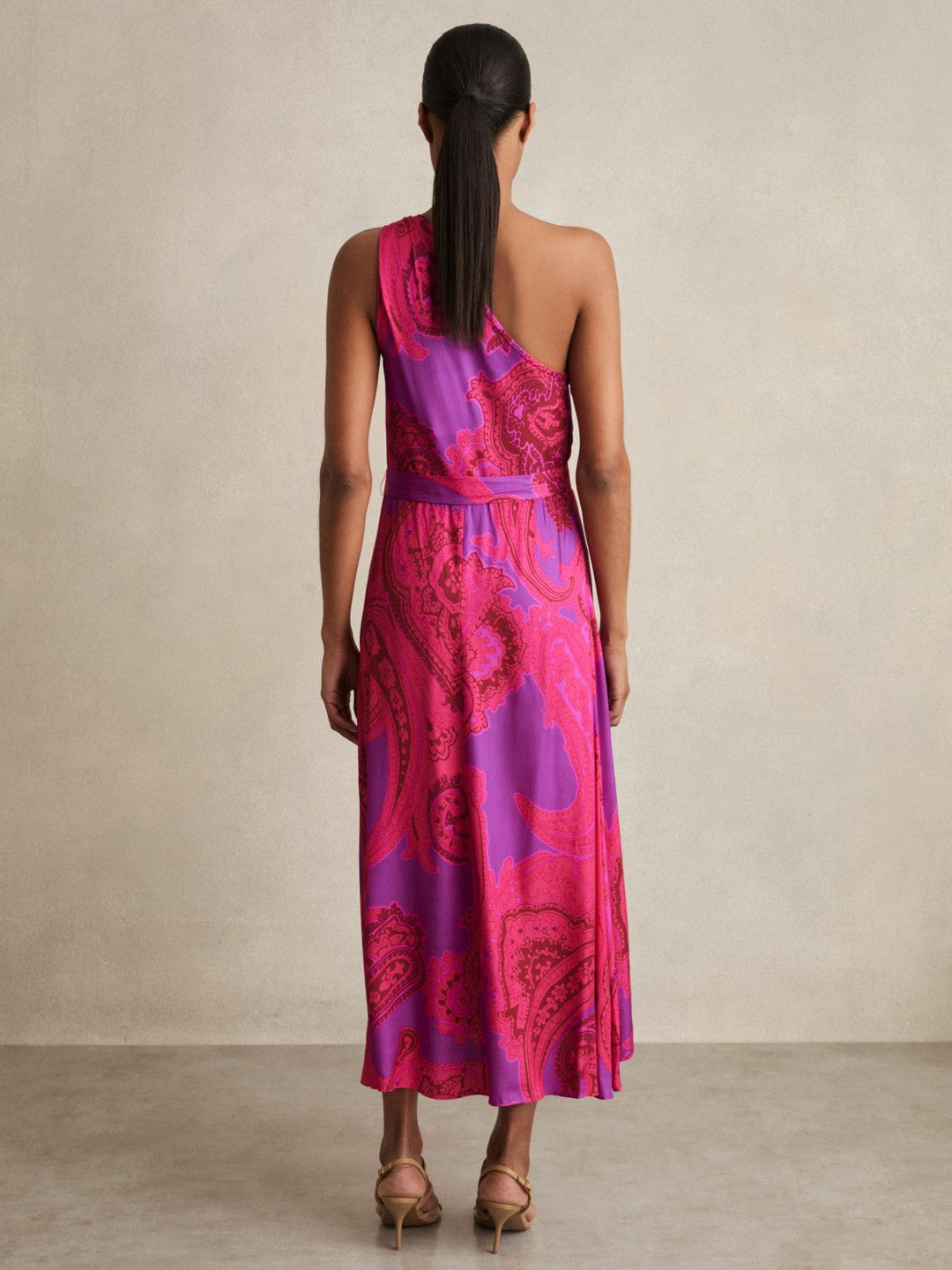 Paisley-Print One-Shoulder Midi Dress in Pink | Reiss USA
