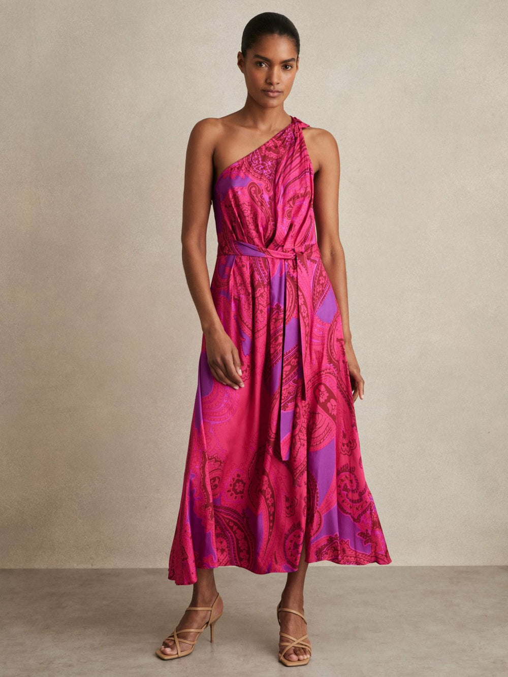 Paisley-Print One-Shoulder Midi Dress in Pink | Reiss USA