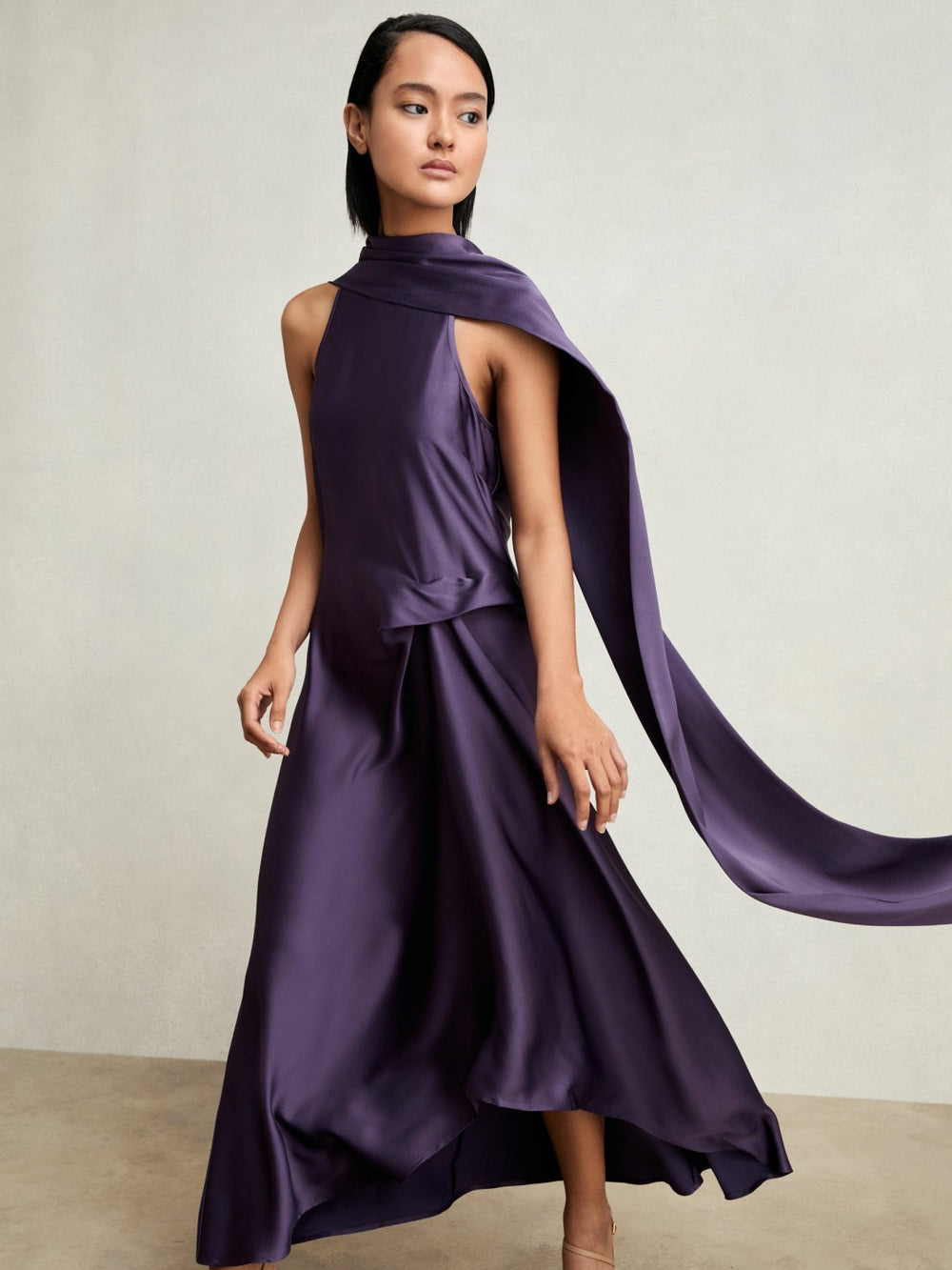 Satin Tuck-Detail Cape Midi Dress in Purple | Reiss USA