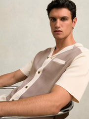 Colour-Block Cuban-Collar Knit Shirt in Taupe Brown/Light Stone | Reiss Near Me