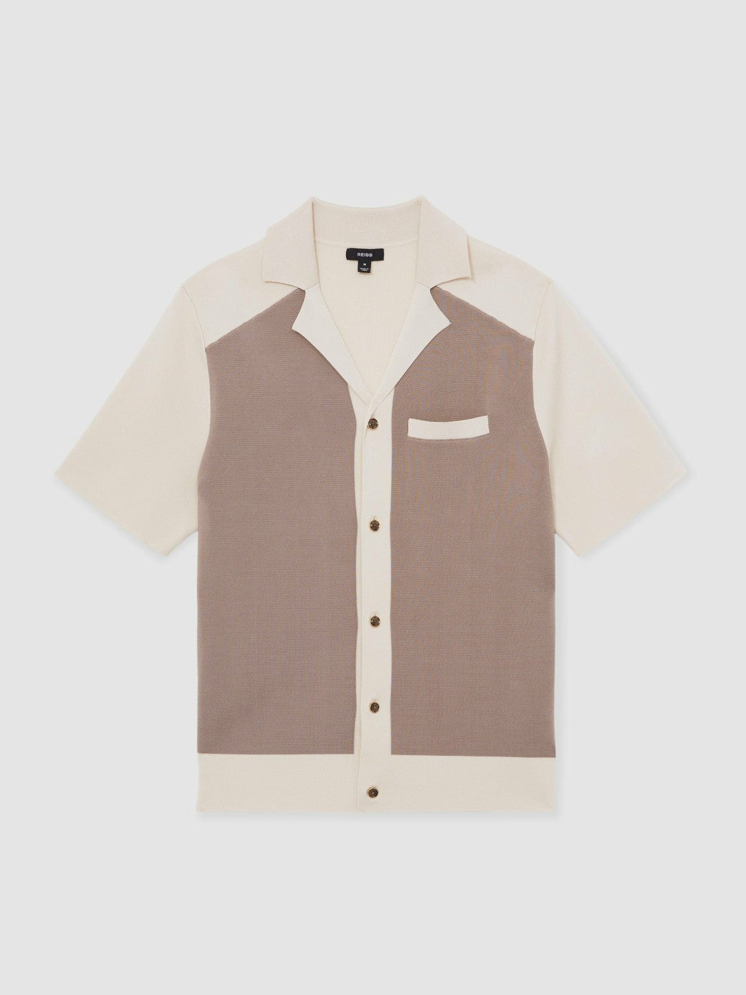 Colour-Block Cuban-Collar Knit Shirt in Taupe Brown/Light Stone | Reiss Near Me
