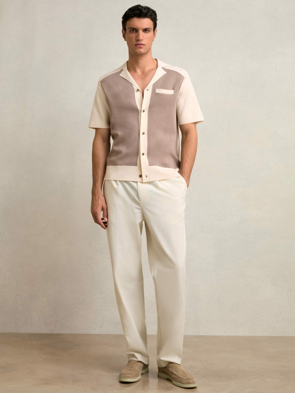 Colour-Block Cuban-Collar Knit Shirt in Taupe Brown/Light Stone | Reiss Near Me