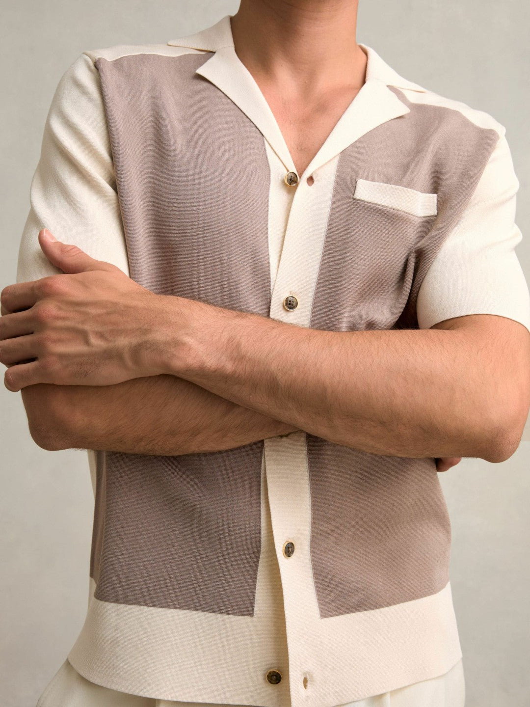 Colour-Block Cuban-Collar Knit Shirt in Taupe Brown/Light Stone | Reiss Near Me