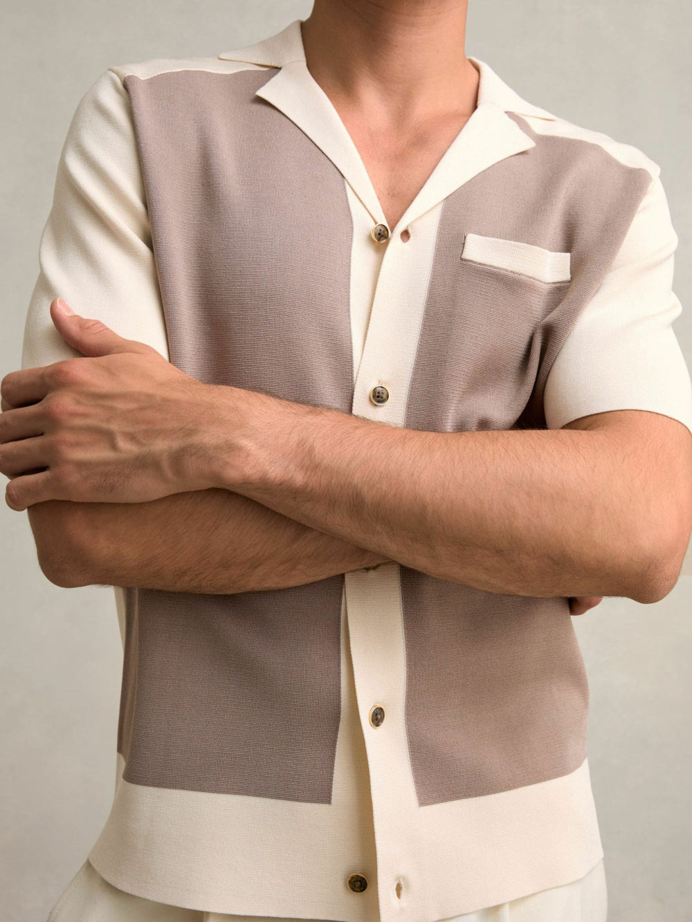 Colour-Block Cuban-Collar Knit Shirt in Taupe Brown/Light Stone | Reiss Near Me