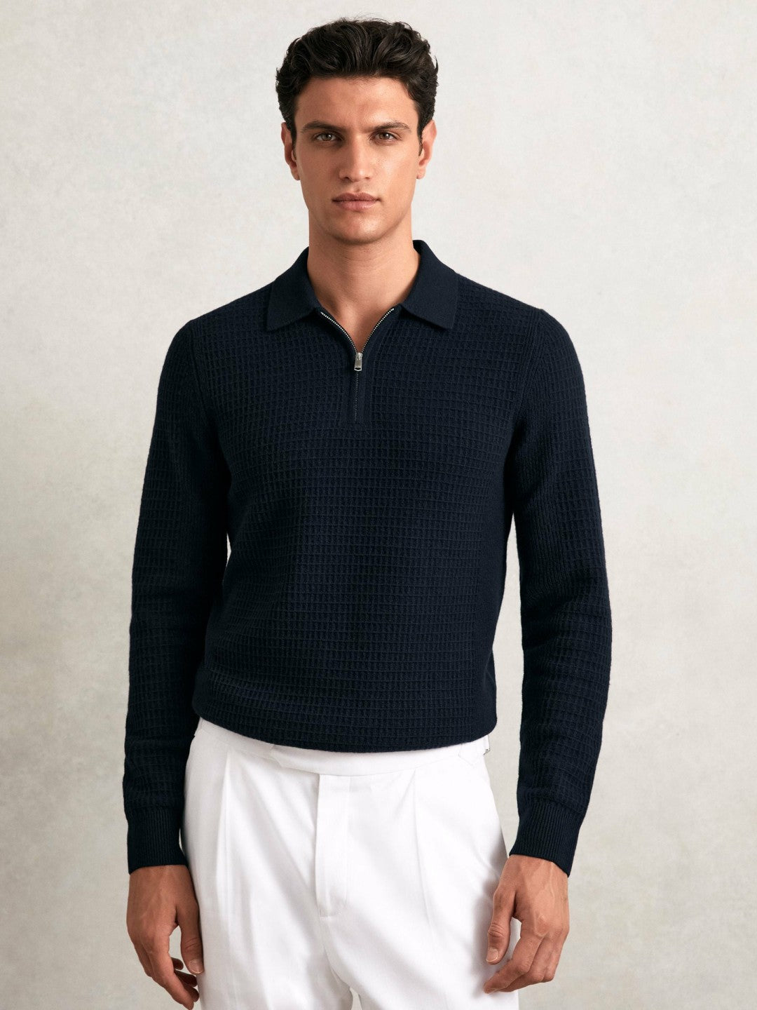 Wool Waffle-Knit Half-Zip Polo Shirt in Navy | Reiss Discount