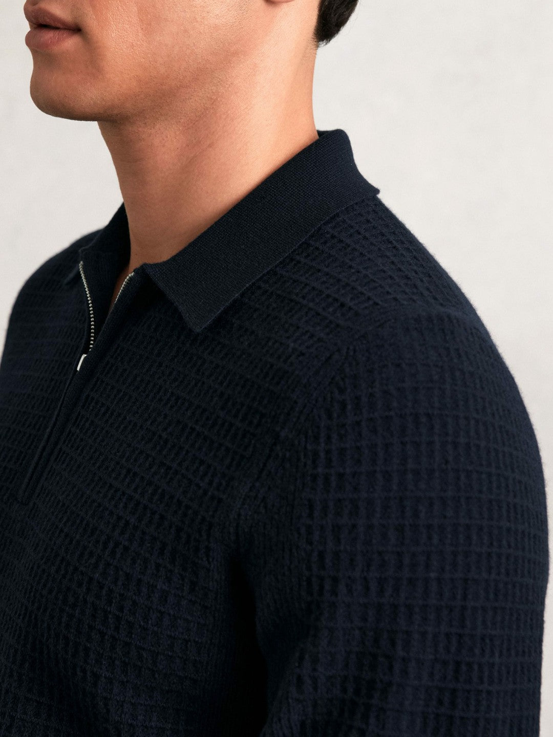 Wool Waffle-Knit Half-Zip Polo Shirt in Navy | Reiss Discount