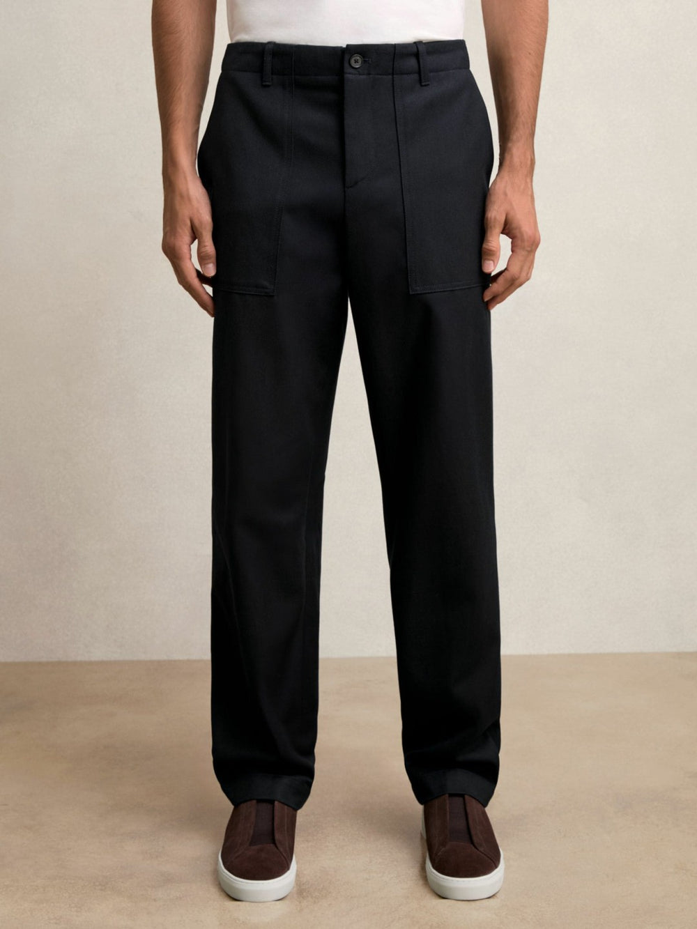 Lyocell Cotton Wide Utility Trousers in Navy | Reiss
