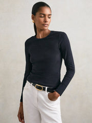 Cotton Crew-Neck Long-Sleeve T-Shirt With Stretch in Black | Reiss USA