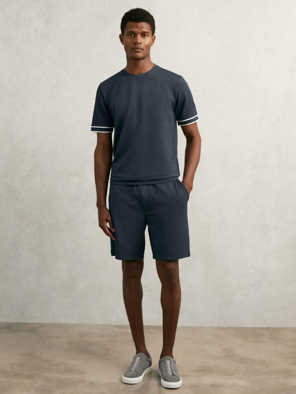 Textured Crew-Neck Tipped T-Shirt in Airforce Blue | Reiss Sale