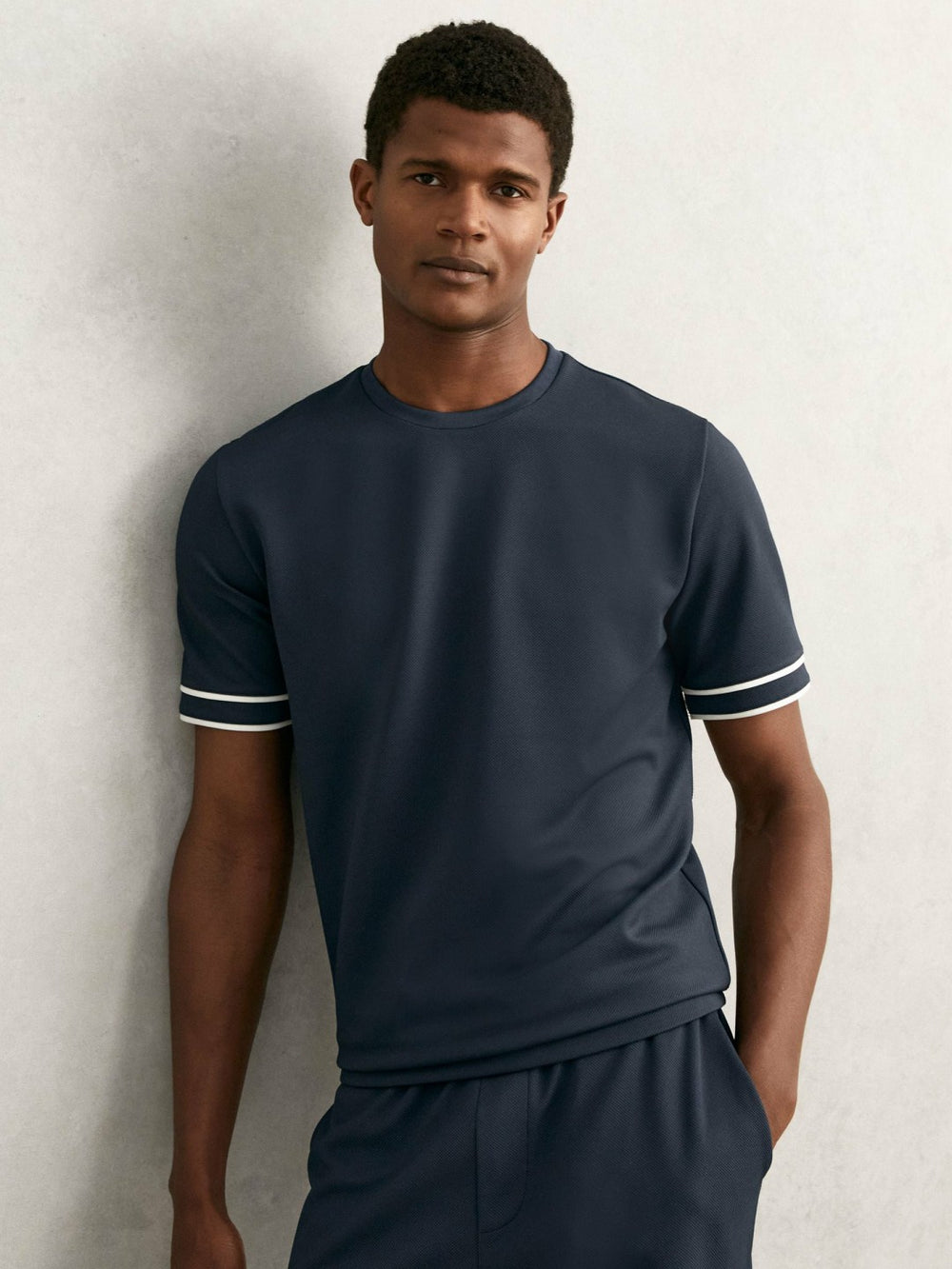 Textured Crew-Neck Tipped T-Shirt in Airforce Blue | Reiss Sale