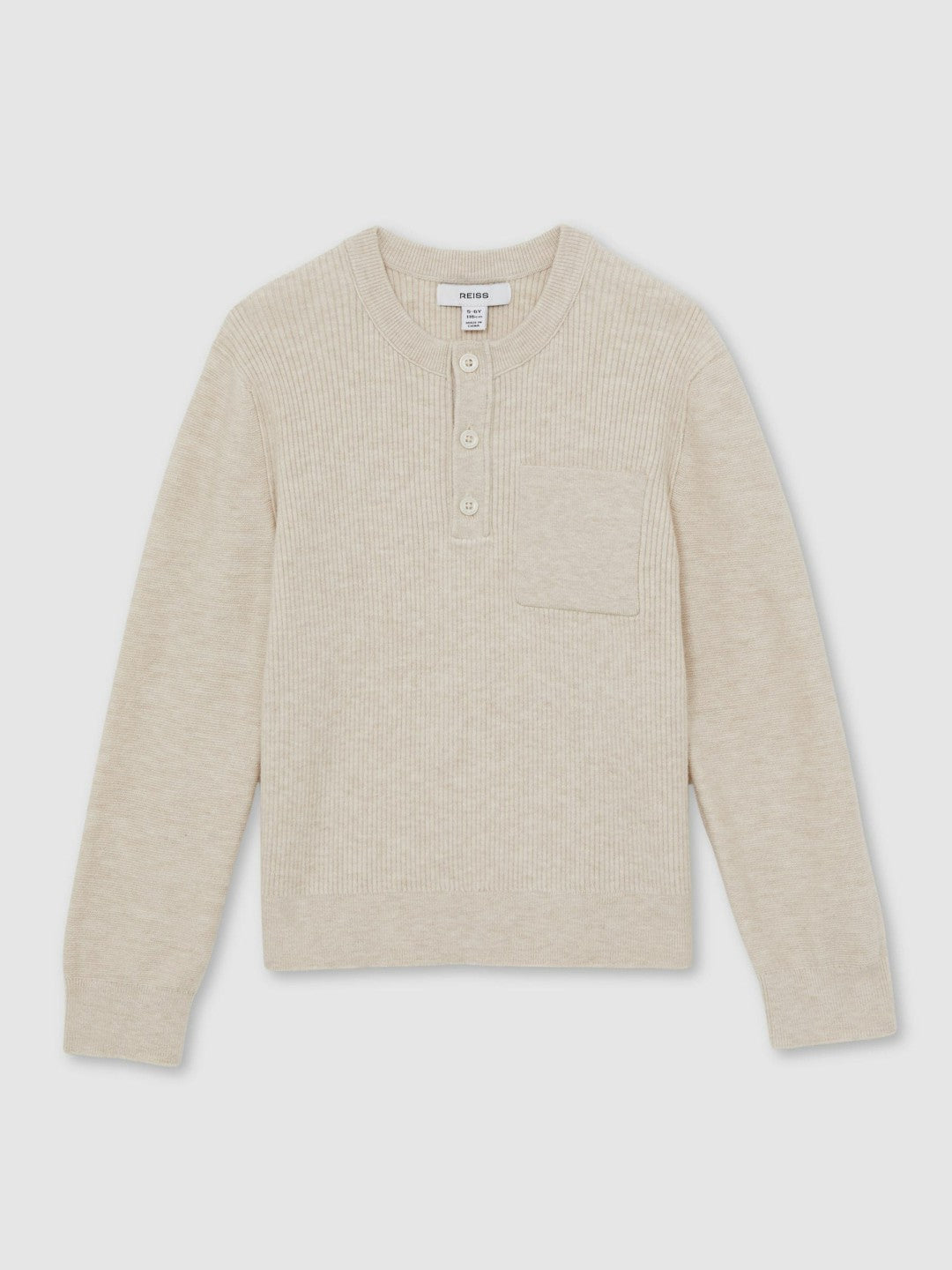 13-14 yrs Cotton-Blend Rib-Knit Henley Top in Oatmeal Melange | Reiss Sale