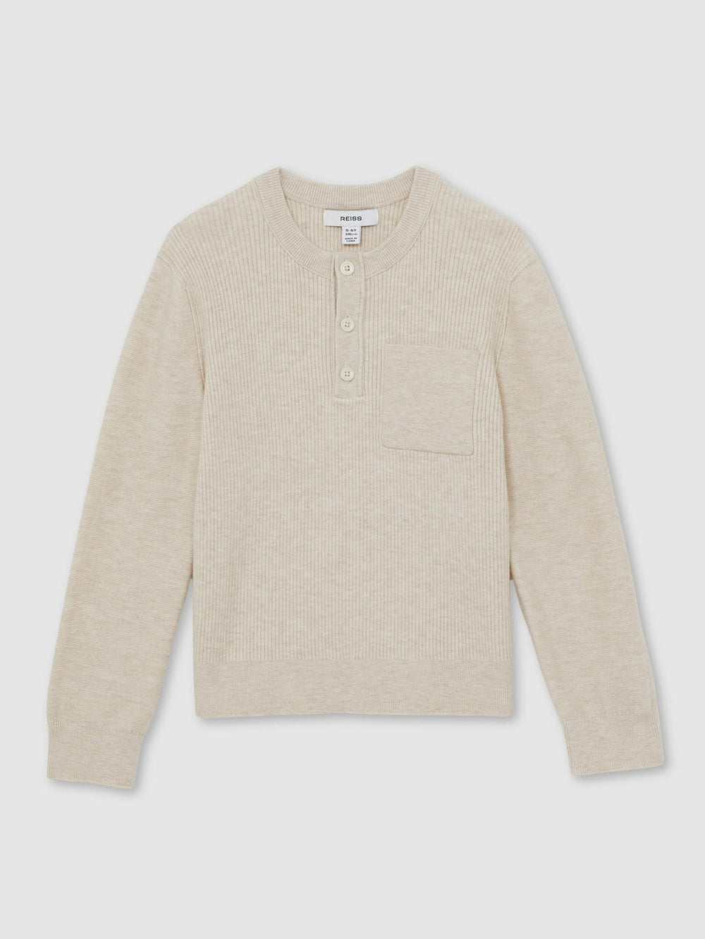 13-14 yrs Cotton-Blend Rib-Knit Henley Top in Oatmeal Melange | Reiss Sale