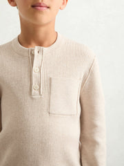 3-9 yrs Cotton-Blend Rib-Knit Henley Top in Oatmeal Melange | Reiss