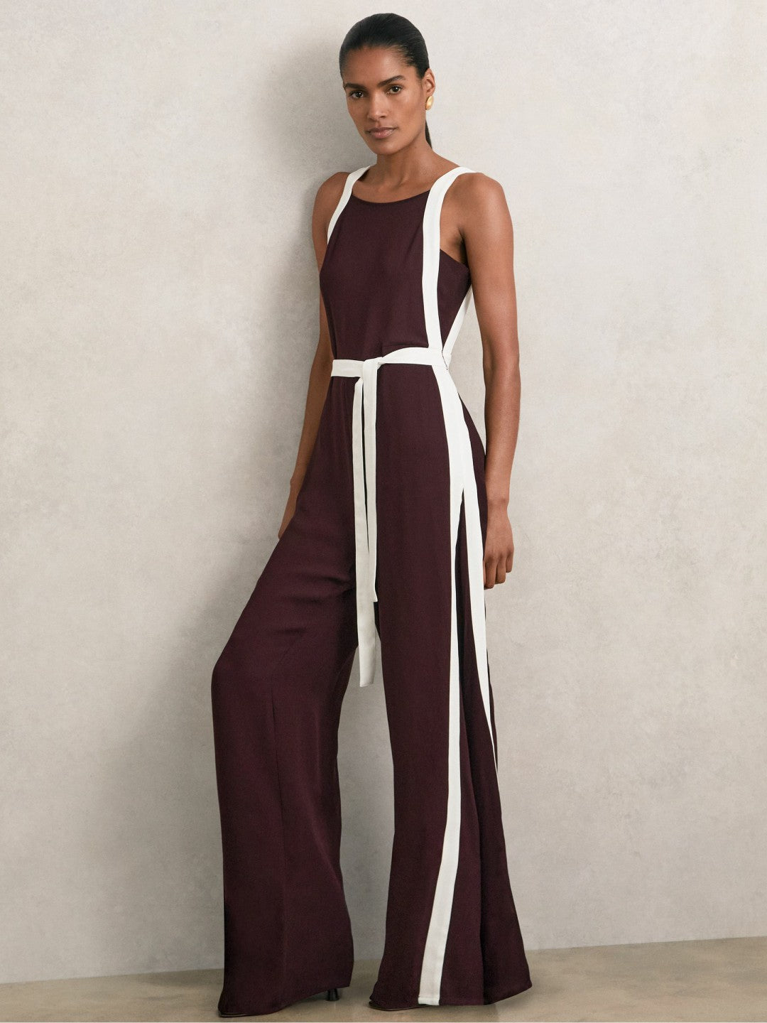 Colourblock Wide Leg Belted Jumpsuit in Burgundy/Cream | Reiss