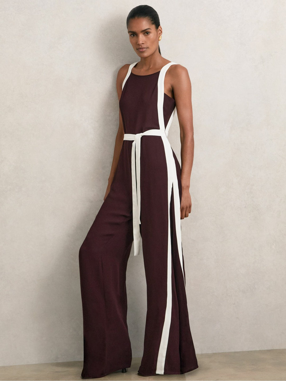 Colourblock Wide Leg Belted Jumpsuit in Burgundy/Cream | Reiss