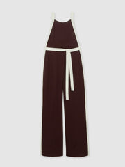 Colourblock Wide Leg Belted Jumpsuit in Burgundy/Cream | Reiss