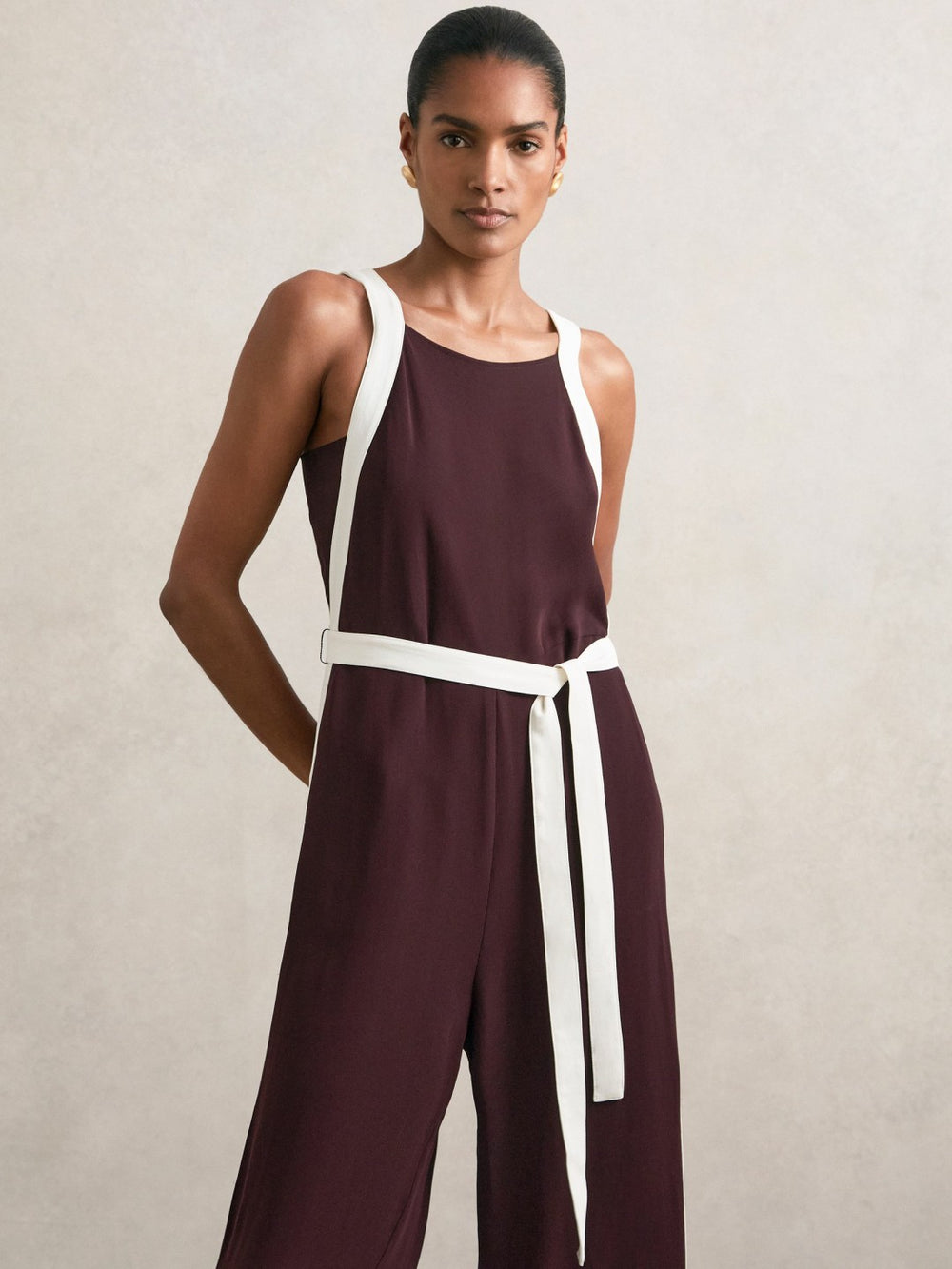 Colourblock Wide Leg Belted Jumpsuit in Burgundy/Cream | Reiss
