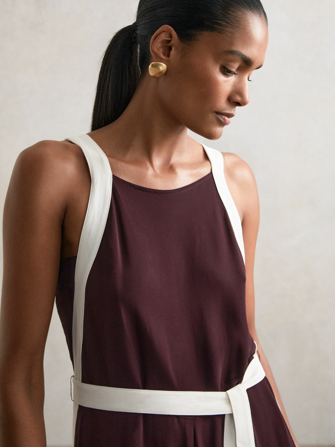 Colourblock Wide Leg Belted Jumpsuit in Burgundy/Cream | Reiss