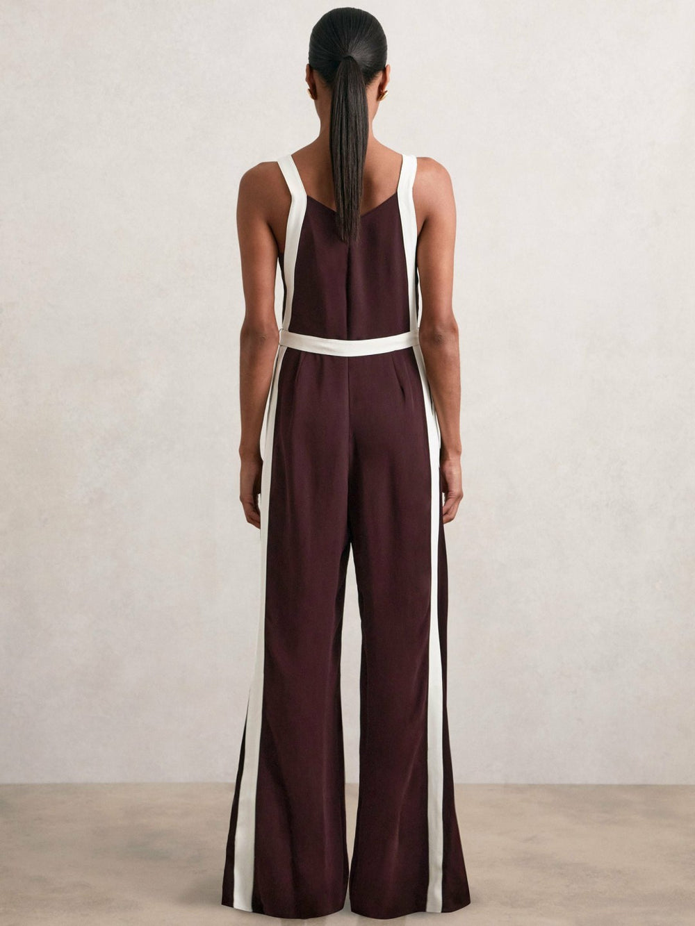 Colourblock Wide Leg Belted Jumpsuit in Burgundy/Cream | Reiss
