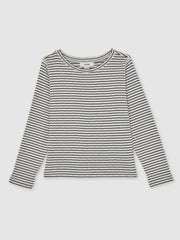 13-14 yrs Cotton Pointelle Long Sleeve Top in Navy/White | Reiss For Sale