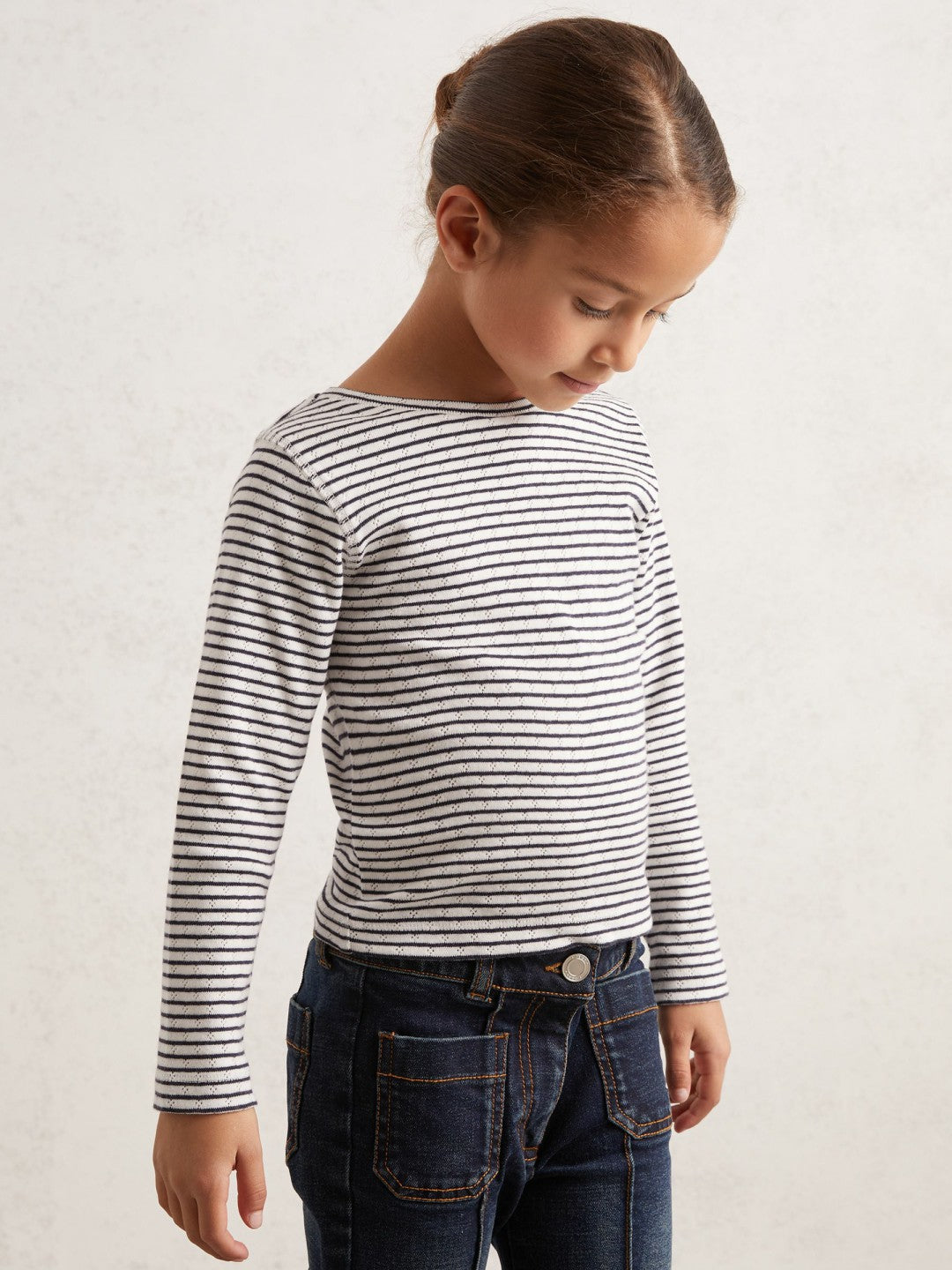 13-14 yrs Cotton Pointelle Long Sleeve Top in Navy/White | Reiss For Sale