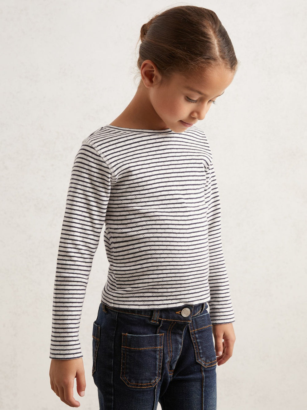 13-14 yrs Cotton Pointelle Long Sleeve Top in Navy/White | Reiss For Sale