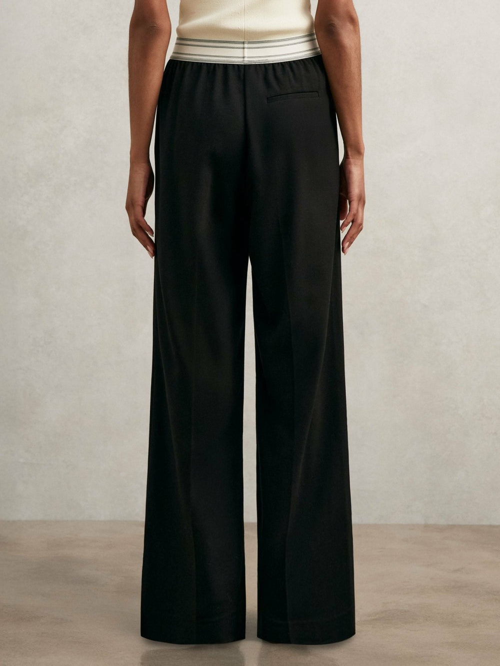 Petite Wide-Leg Contrast-Waistband Trousers in Black | Reiss For Sale