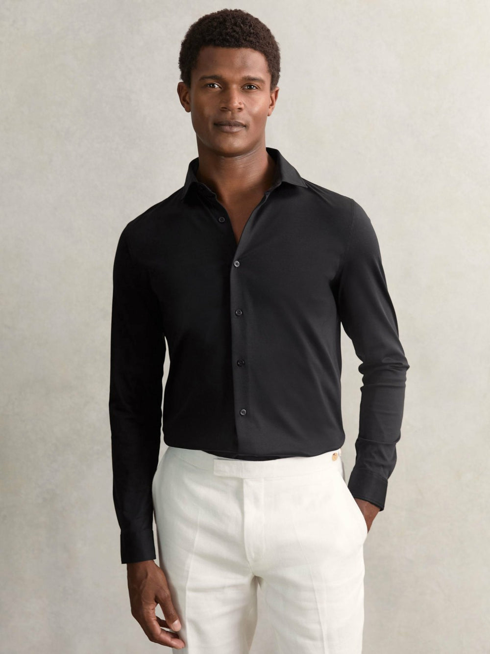 Cotton-Jersey Button-Through Shirt in Black | Reiss USA