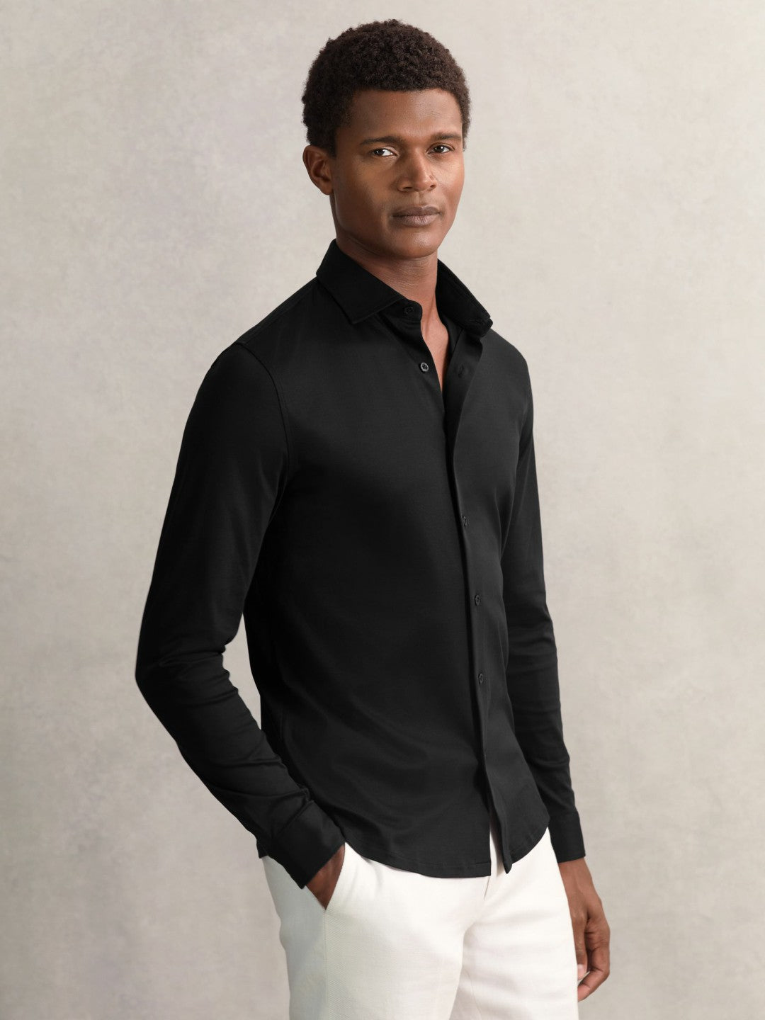 Cotton-Jersey Button-Through Shirt in Black | Reiss USA