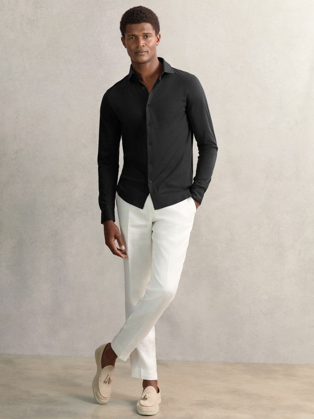 Cotton-Jersey Button-Through Shirt in Black | Reiss USA